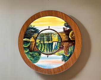 Mesa de centro ou mesa de cabeceira estilo meados do século XX, com azulejos turcos pintados em formato de paisagem, suporte para laptop, mesa de apoio, suporte para plantas.