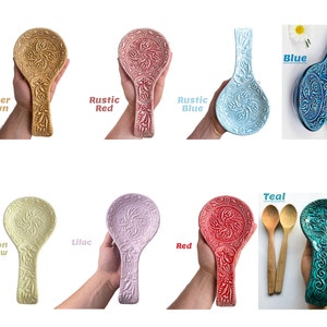 May include: A set of ten ceramic spoon rests in various colours, including copper brown, rustic red, rustic blue, lemon yellow, lilac, red, teal, and blue. Each spoon rest features a unique floral design.