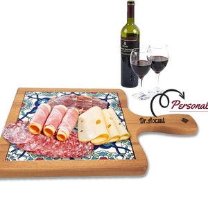 Charcuterie Platter with Tile, Cheese Serving Tray for Wine, Personalized Chopping & Cutting Board, Wedding Anniversary Couple Wooden Gift