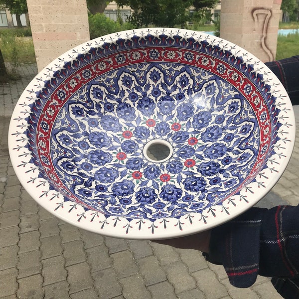 Handmade Turkish Ceramic Bathroom Sink, Moroccan Style Basin, Hand painted kitchen round vessel washbasin, Unique home accessories, Gift her
