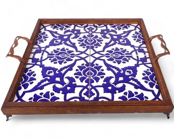 Large Wooden Serving Tray & Ceramic Tile, Decorative Floral Tile, Mexican Turkish Oriental Tile, Organizer, Coffe Serving, Breakfast Platter