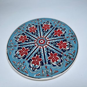 Blue Ceramic Trivet for Hot Pots and Pans, Large Heat Resistant Mats & Cork Base, Trivet for Hot Dish, Extra Thick, Turkish Ceramic Coaster