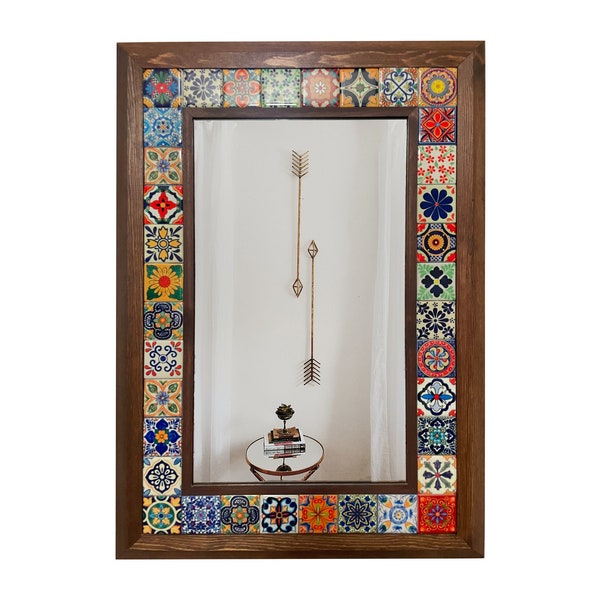 Houten frame spiegel, mozaïek stenen tegel, keramische tegels, Talavera tegel, natuurlijke muur hangende spiegel, nieuw huis cadeau, kerstcadeau, kantoorcadeau