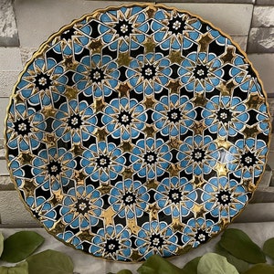 Gold Wall Hanging Ceramic Plate & Geometric and Floral Pattern, Gold Accent Plate, Living Room Decor, Housewarming Gift, Turkish Ceramic