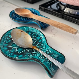 Blue & Teal Ceramic Spoon Rest, Embossed Ladle Scoop Rest, Authentic Stove Rest, Tea Bag Holder, Kitchen Utensil Holder, Pottery Chef Gifts