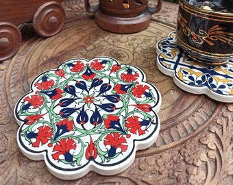 2x Ceramic Coaster 10 Cm, Abstract New Home Gift, Absorbent Coasters With Holder, Hot Cup Coaster Gift, 4x Turkish Ceramic Tile Coaster Set