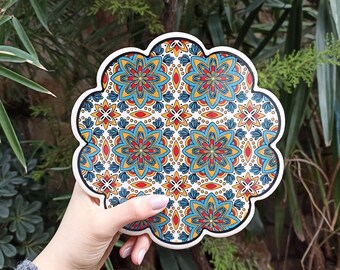 鍋敷き　ブルー　花柄　メキシコ雑貨　キッチン雑貨 18cm 花柄セラミック鍋敷き、トルコ製セラミック製キッチンギフト