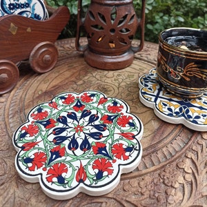 2x Ceramic Coaster 10 Cm, Abstract New Home Gift, Absorbent Coasters With Holder, Hot Cup Coaster Gift, 4x Turkish Ceramic Tile Coaster Set