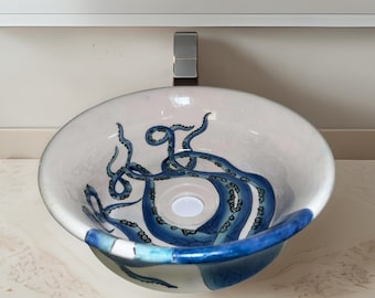 Bathroom Octopus Painting Vessel Sink, Ceramic Above Countertop Basin, Blue Bowl Sink, Cloakroom sink, Bathroom Remodeling, Marble Washbasin