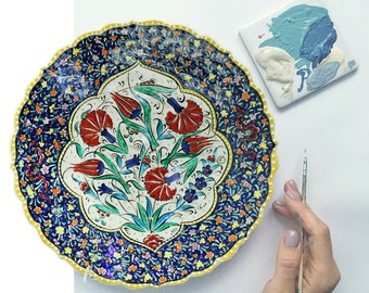12- 16" Ceramic Wall Hanging Plate, Hand Painted Embossed Floral Plate, Living Room Decoration, Decorative Wall Art, 4th Anniversary Gift