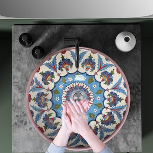 Bathroom Vanity Vessel Sink, Flower Washbasin, Half Bathroom Sink, Pottery Round Decorative Sink, Ceramic Bathroom Deco, Bathroom Remodeling
