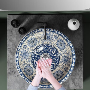 Bathroom Blue Floral Vessel Sink, Ceramic Countertop Basin, Washing Bowl, Cabinet Vanity Countertop Sink, Washbasin, Master Bath Remodeling