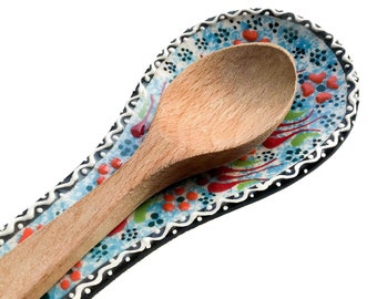 Kitchen Ceramic Floral Colourful Spoon Rest, Handmade Ceramic Spoon rest, Trinket dish, Ceramic handmade pottery, Spoon Holder, Tea Bag Rest