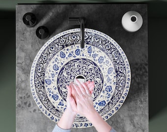 Lavabo redondo hecho a mano, lavabo de encimera, lavabo mexicano empotrado, lavabo de cerámica pintado a mano, decoración artística para la cocina, lavabo.