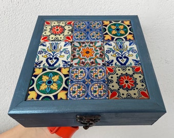 Blue Wood Jewelry Box with Ceramic Tiles, Wooden Box for Herbs/Tea, Storage Box, Maid of Honor, Gift for Her, Portable, Custom Travel Case