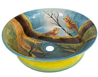 Vintage Ceramic Vessel Sink – Rectangle Floral Bird Bowl, Chinese Style, With Pop-Up Drain (Green)