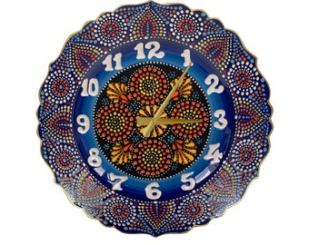 Orologio da parete rotondo in ceramica con mandala, con confezione regalo in velluto, ceramica decorativa fatta a mano, regalo unico per chi acquista una nuova casa, regalo di inaugurazione della casa