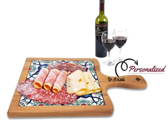 Charcuterie Platter with Tile, Cheese Serving Tray for Wine, Personalized Chopping & Cutting Board, Wedding Anniversary Couple Wooden Gift