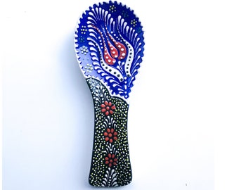 Utensil Holder Pottery, Colorful Floral Embossed Clay Spoon Rest for Kitchen, Talavera Spoon Holder bright cheerful colors, Mexican Talavera