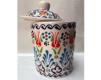 Orientalisch blaues Kräuter- und Gewürzglas (312 g), Salzstreuer aus Keramik, Keramik-Vorratsdose mit Deckel für Tee, Kaffee, Süßigkeiten und Zucker