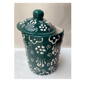 Mediterranean Green 11 oz Spice & Herb Jar, Pottery Salt Cellar, Ceramic Food Storage Canister with Lid, Sugar Container, Makeup Organizer
