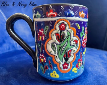 11oz Blue Coffee Mug with Relief Flowers, Ceramic Colorful Tea Cup, 330ml Mug, Handmade Pottery Mug with Handle, Decorative Gift for Dad
