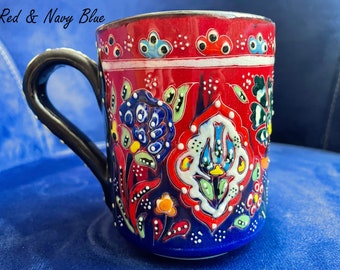 Taza de café floral roja de 330 ml, cerámica colorida para té oriental, hecha a mano con asa, sin plomo, el mejor regalo para madrastra.