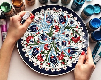 Ceramic Dinnerware Plates or Wall Plates, Decorative Floral Pattern Plates, Unique Wall Hanging Plates, Tulip and Carnation Design, Office