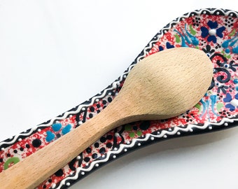 Red And Blue Ladle Holder, Pottery Ceramic Ladle Rest, Red with Ocean Blue Dots Kitchen Spoon Holder, Kitchen Utensils, Handmade Spoon Rest
