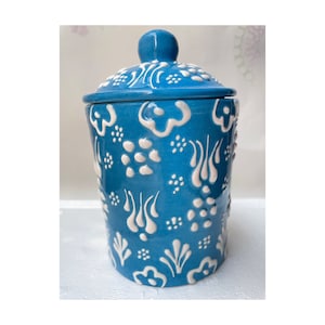 Mediterranean Light Blue Herb & 11 oz Spice Jar, Pottery Salt Cellar, Ceramic Food Coffee Storage Canister with Lid for Tea, Brush Container