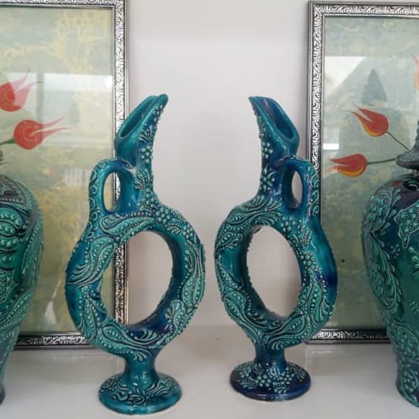 Handmade Teal Wine Jug Set, Sky Blue Ceramic Carafe ; Wine, Water, Mimosa Pitcher, Hand painted Tea Carafe, Hittite Decanter, Ethnic Pitcher