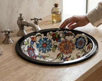 Unique Floral Bathroom Vessel Sink, Round Ceramic Washbasin with Black Rim, Artistic Powder Room Vanity Sink, Guest Bathroom Remodeling Idea