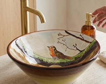 Robin Bird Vessel Sink, Ceramic Bathroom Vessel Sink, Nature Cottagecore Vanity Basin, Rustic Cottage Bathroom Decor, Artisan Wash Bowl