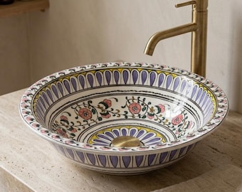 Mediterranean Floral Vanity Basin, Artisan Pottery Bathroom Decor, Luxury Boho Vessel Sink, Interior Designer Choice, Boutique Hotel Decor