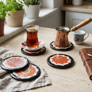 Juego de 2 posavasos de azulejos de Iznik, salvamanteles de cerámica turca, posavasos de arte bohemio, decoración colorida para mesa de centro, regalo de decoración para el hogar de estilo mediterráneo