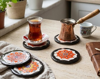 Juego de 2 posavasos de azulejos de Iznik, salvamanteles de cerámica turca, posavasos de arte bohemio, decoración colorida para mesa de centro, regalo de decoración para el hogar de estilo mediterráneo