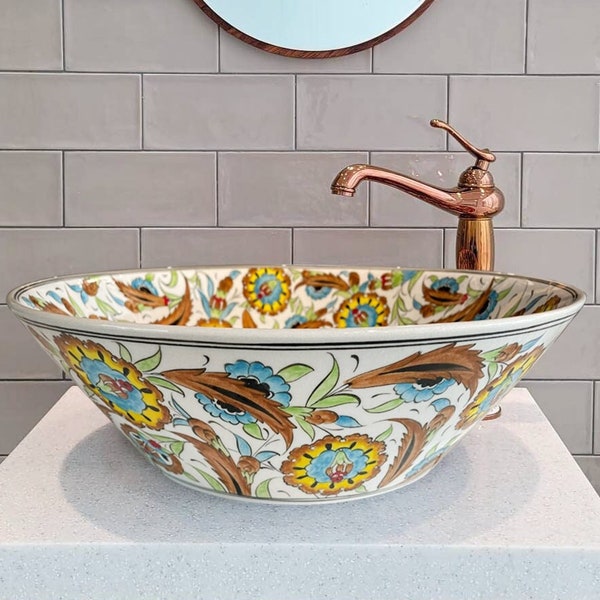 Ceramic Bathroom Vanity Sink, Leaf and Flower Decorative Vessel Sink, Countertop Single Bowl Sink for Lavatory, Glossy Washbasin, Cloakroom