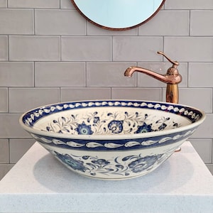Ceramic Unique Blue Wash Basin, Bathroom Vessel Sink Above Counter Basin, Countertop Bowl Sink Lavatory, Bathroom Vanity Glossy Washbasin