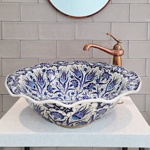 Ceramic Vessel Sink, Curvy Edge, Handcrafted Bathroom, Powder Room Sink, Hand painted Round vessel washbasin, Guest bathroom bowl, Art Basin