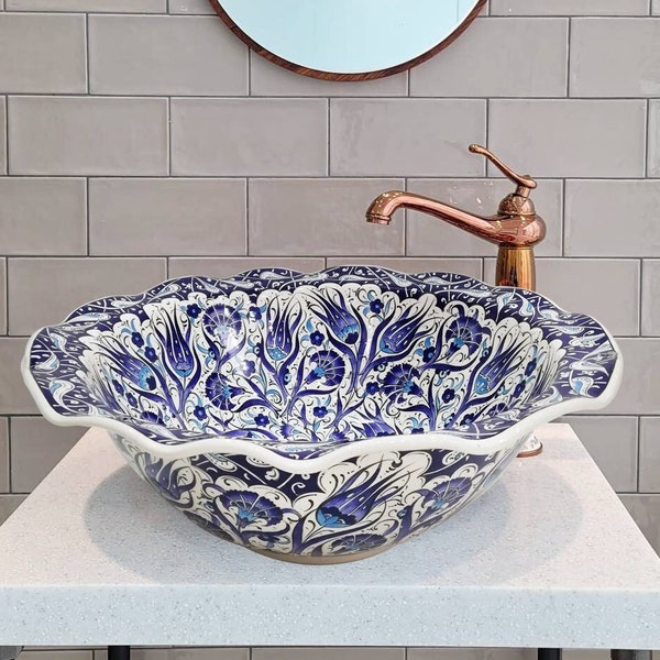 Ceramic Vessel Sink, Curvy Edge, Handcrafted Bathroom, Powder Room Sink, Hand painted Round vessel washbasin, Sink, Guest bathroom,16" Basin