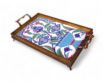 Large Wooden Serving Tray with Handles & Ceramic Tile, Decorative Floral Tile, Mexican Turkish Oriental Tile, Storage, Dinner Serving Plate