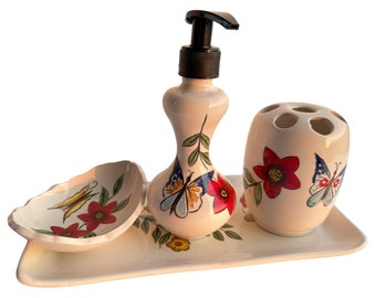 Bathroom Countertop Accessories with Butterflies, Liquid Soap Dispenser, Toothbrush Holder, Soap Dish, Lotion Dispenser, Bathroom Decor