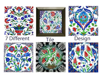 Ceramic Wall Hanging Tile, Accent Square Tiles Board, Decorative Mediterranean tile, Wooden Frame, Wall art decor gifts, Housewarming Gift