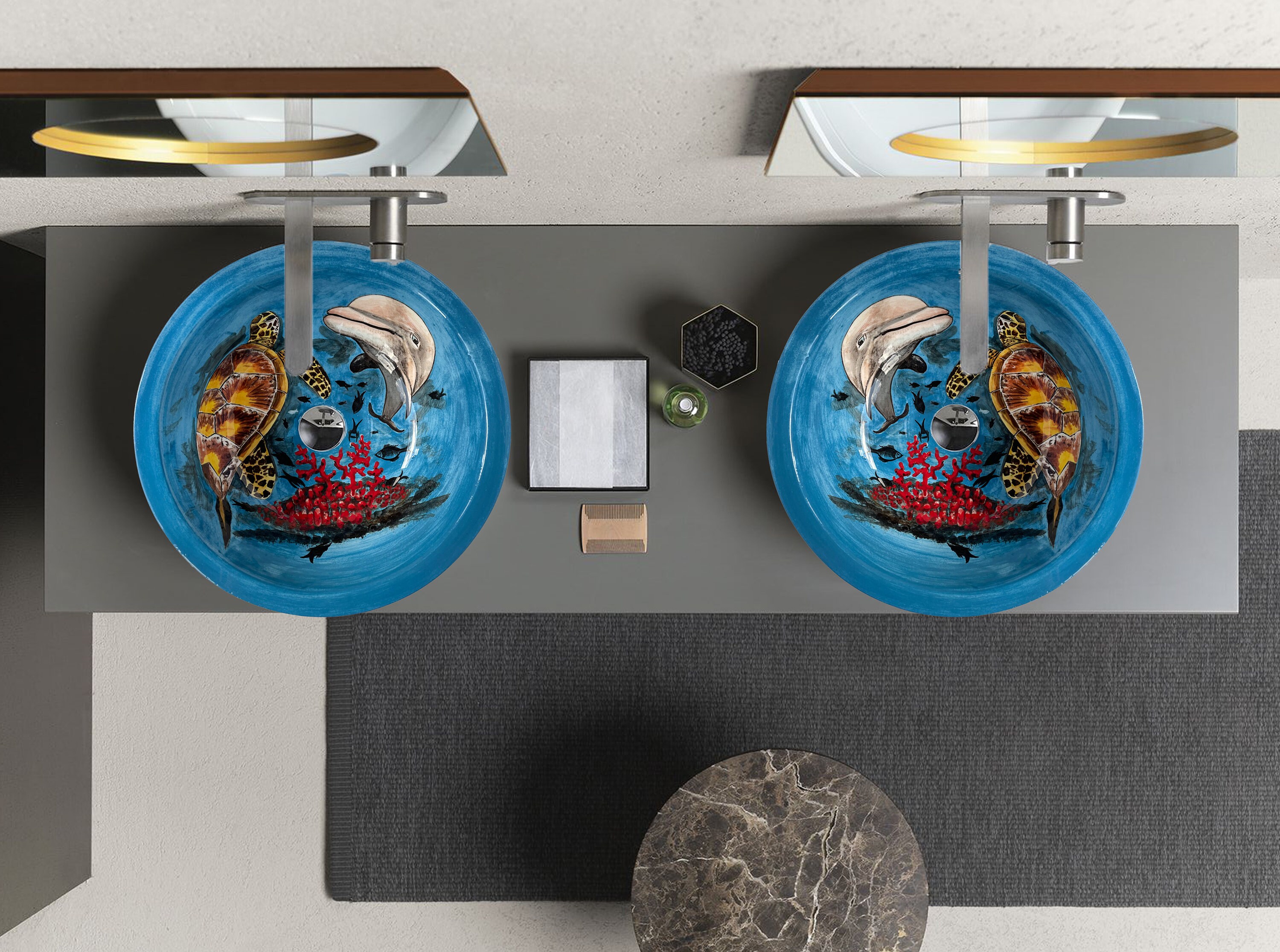 Round Bathroom Vessel Sink, Blue Ocean Ceramic Above Counter Sink