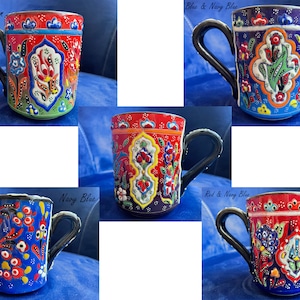 330 ml Floral Relief Coffee Mug, Ceramic Colorful Oriental Tea Cup, 11oz Embossed Mug with Handle, Painted Pottery Cup, Gift for Stepmom