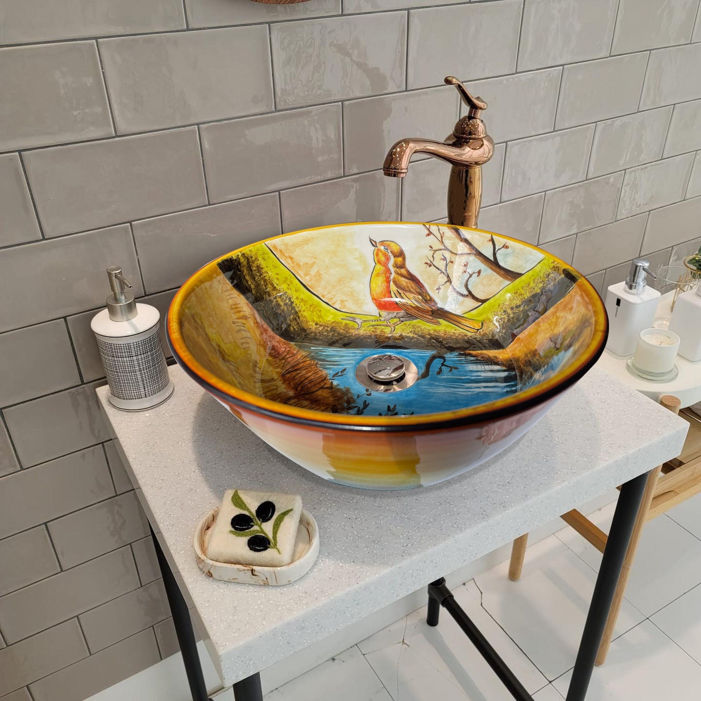 Bathroom Vanity Vessel Sink, Bird Washbasin, Half Bathroom Sink, Pottery Round Decorative Sink, Ceramic Bathroom Decor, Bathroom Remodeling