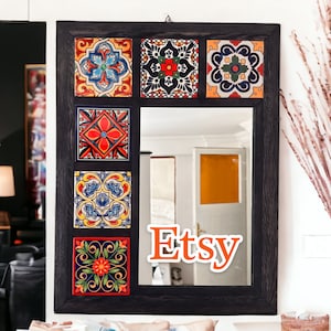 Ethnic Wall Hanging Tiled Wood Mirror, Rustic Console Mirror, Country House Kid Mirror, Bohem Framed Decorative Ceramic Tiled Nursery Mirror