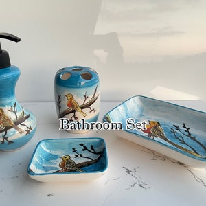 Blue Bathroom Accessory Set 4 Pieces & Birds, Soap Dispenser, Toothbrush Holder, Soap Dish, Lotion Dispenser, Animal Decor, Washing Set Gift