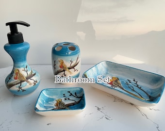 Blue Bathroom Accessory Set 4 Pieces & Birds, Soap Dispenser, Toothbrush Holder, Soap Dish, Lotion Dispenser, Animal Decor, Washing Set Gift