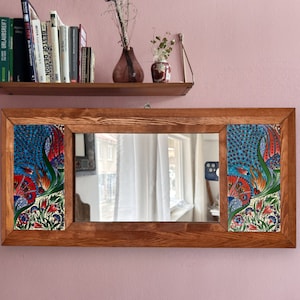 Wall Hanging Wood Mirror, Rustic Shelf Mirror, Country House Mirror, Bohem Wall Hanging Ceramic Tiled Nursery Ethnic Mirror, Phosphorescent